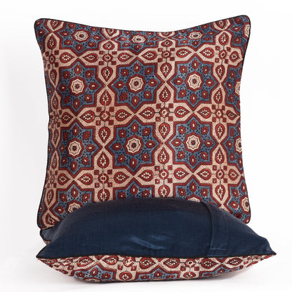 Ajrakh Hand-block Print Star Flower Cushion Cover - Blue Off-White-1