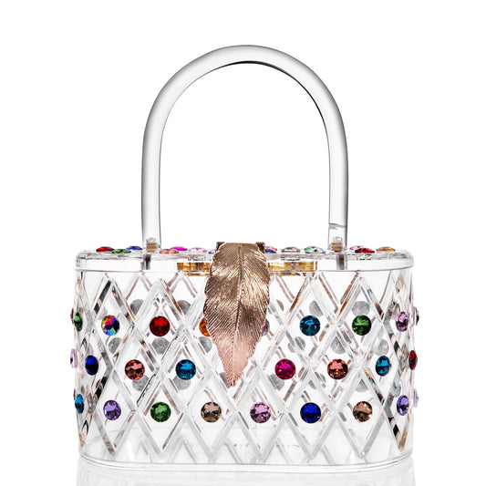 1950 Vintage Style “The Queen" Rainbow Colorful Crystal Acrylic Lucite Box Clutch Bag-0