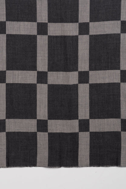 Windowpane Big Checks Jacquard Merino Wool Scarf - Grey-2